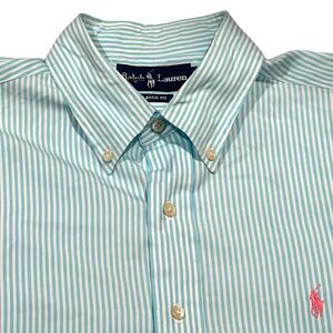 Ralph Lauren Dress Shirt Mens 16 Blue Striped Button Down Baby Pink Pony RN41381